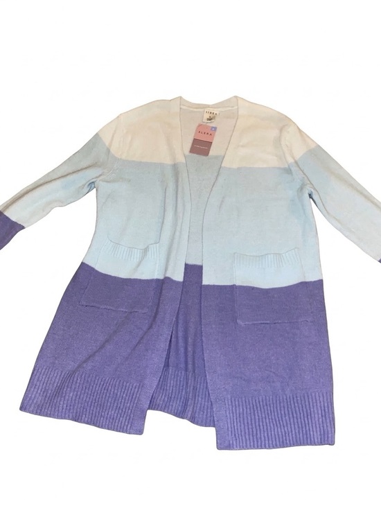 Serra Sweaters - Women’s Large White, Light Blue & Purple Colorblock Open Cardigan Bin C